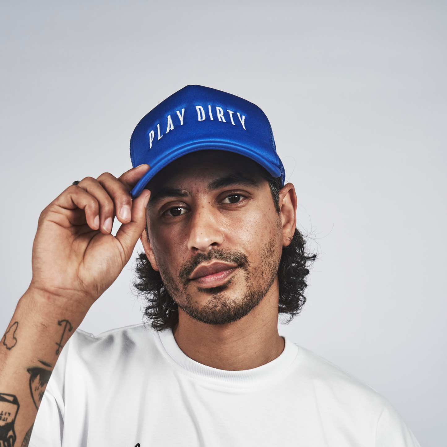 Cobalt blue "PLAY DIRTY" Trucker